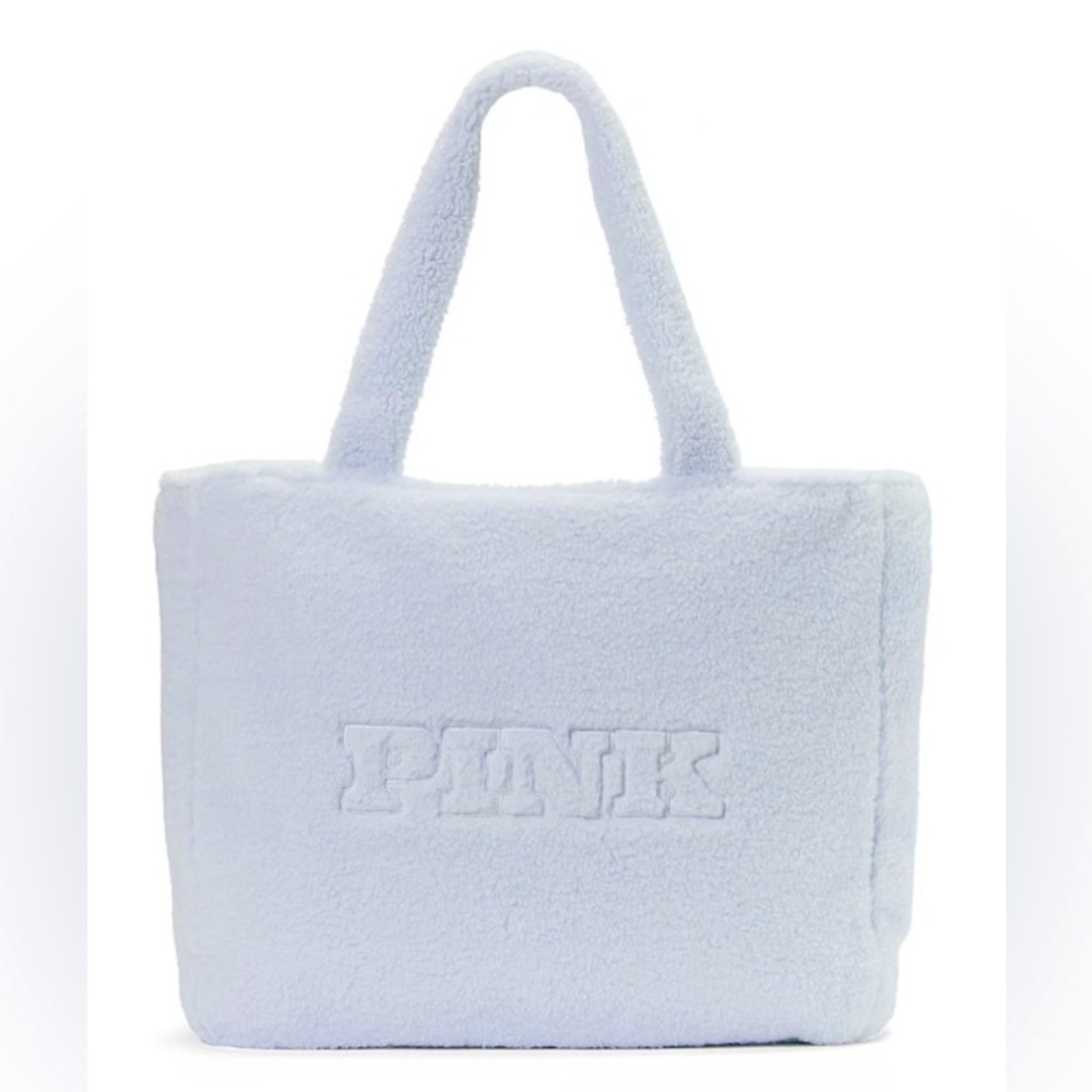 NEW! VS PINK Blue Plush Fuzzy Teddy Tote Bag 2024